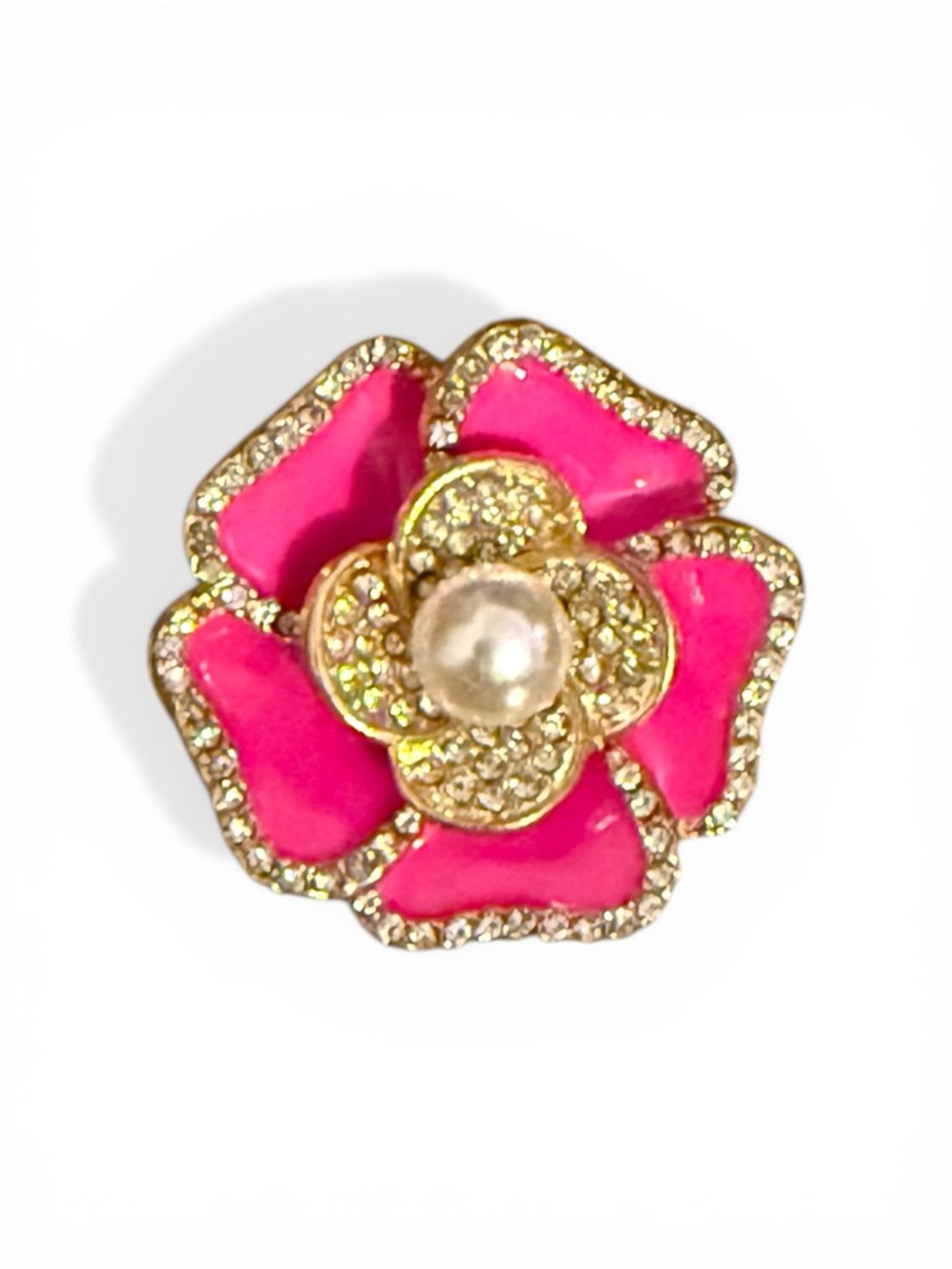 Pink Flower Brooch with Pearl Center in Gold Tone